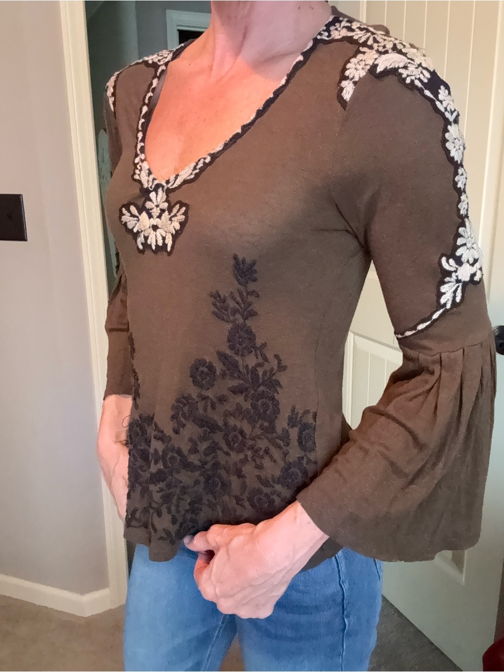 Lucky Brand Olive Green Embroidered Bell Sleeve Top